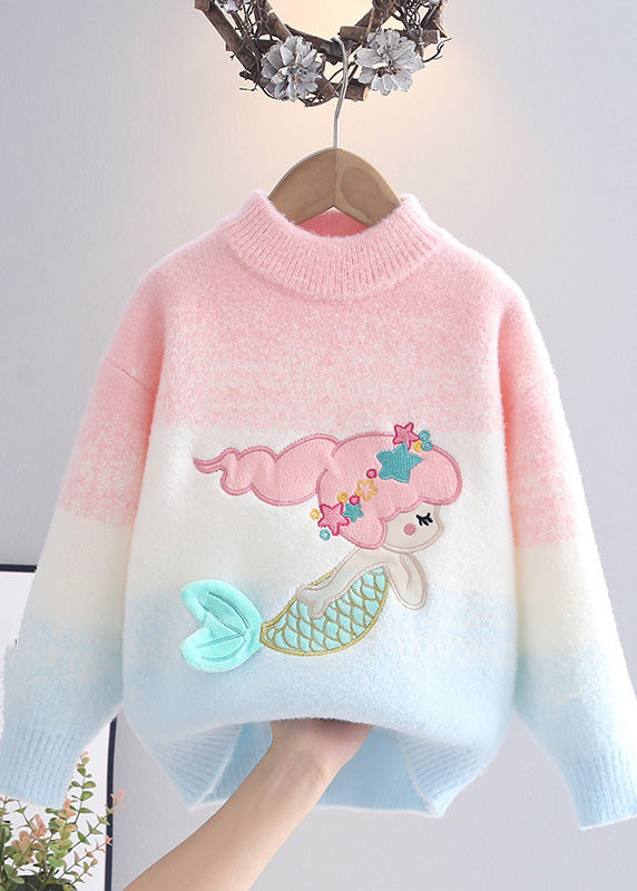 Gradient Color Pink Blue Warm Fleece Mermaid Cotton Knit Sweaters Spring