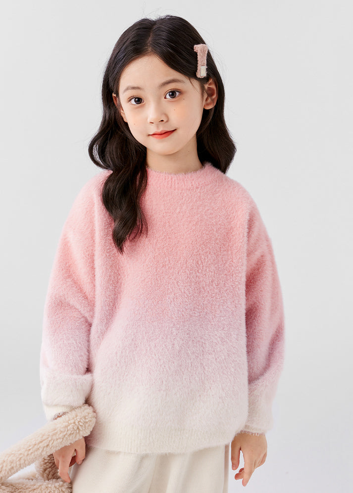 Gradient Color Pink O-neck Mink Velvet Knit Sweater Spring