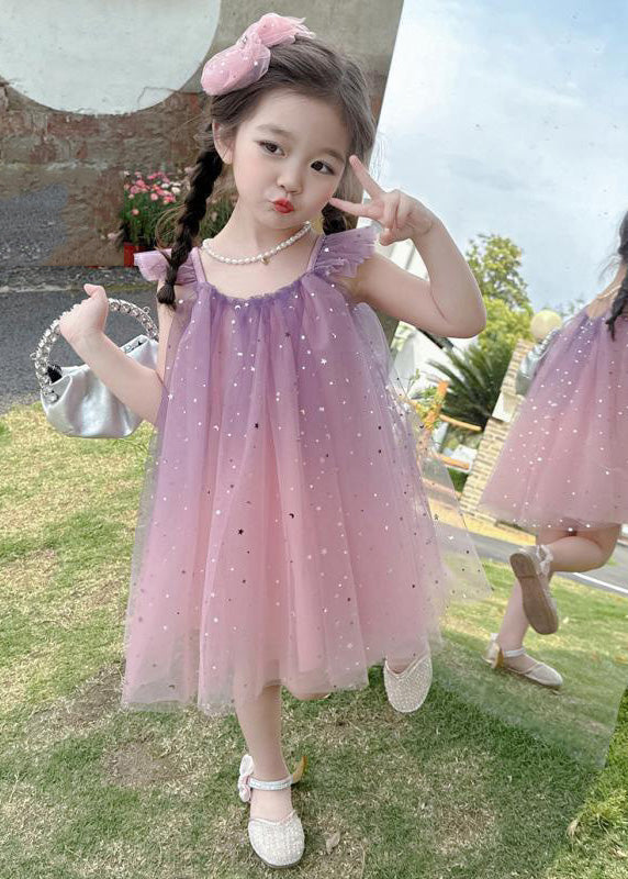 Gradient Color Pink O-neck Sequins Tulle Mid Dress Short Sleeve