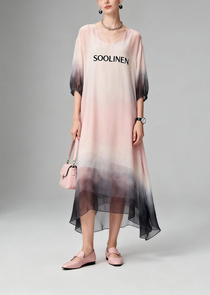 Gradient Color Pink V Neck Long Dress Summer