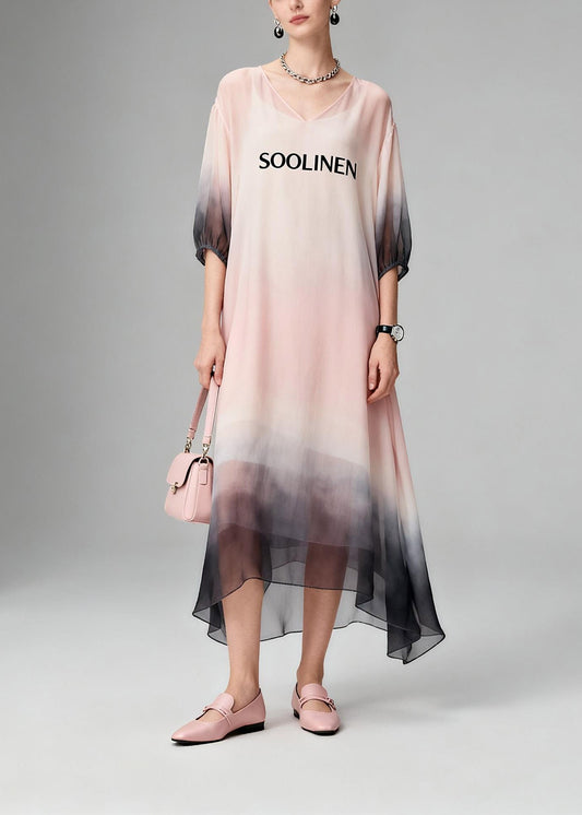 Gradient Color Pink V Neck Long Dress Summer