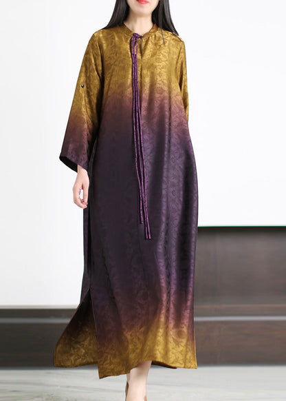 Gradient Color Purple Print Side Open Silk Maxi Dresses Summer
