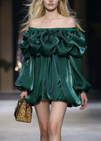 Grass Green Cold Shoulder Silk Mini Dresses Lantern Sleeve