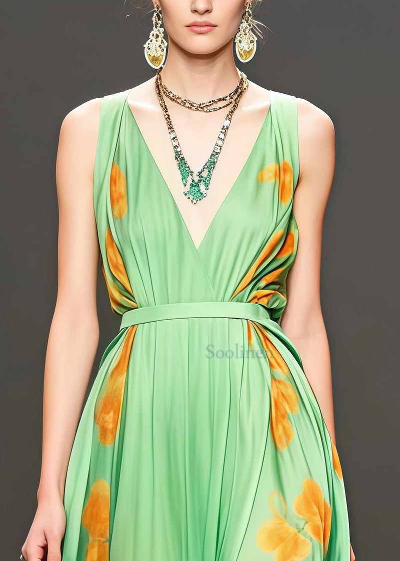 Grass Green Print Chiffon Vacation Dresses Exra Large Hem Summer