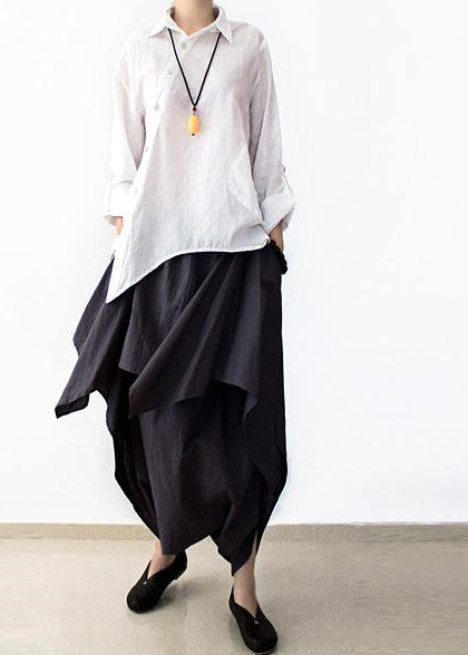 Gray Layered Linen Carrot Pants Plus Sized Linen Pants Asymmetrical Design
