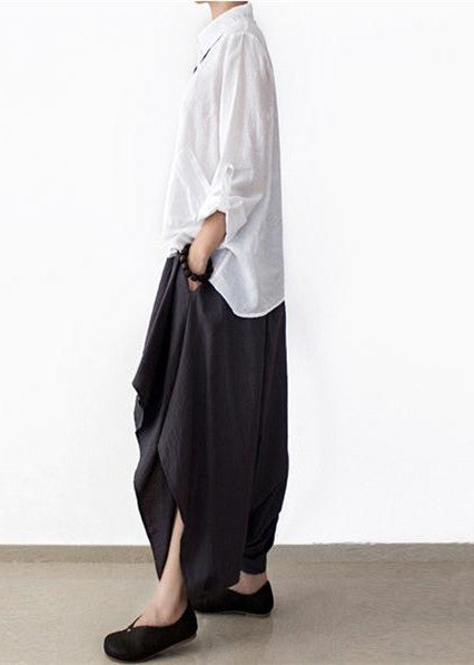 Early Fall Navy Linen Crop Pants Wide Leg Cotton Pants Asymmetric Design