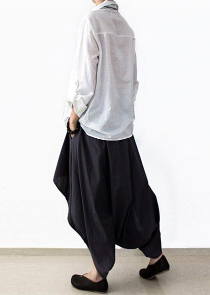 Early Fall Navy Linen Crop Pants Wide Leg Cotton Pants Asymmetric Design