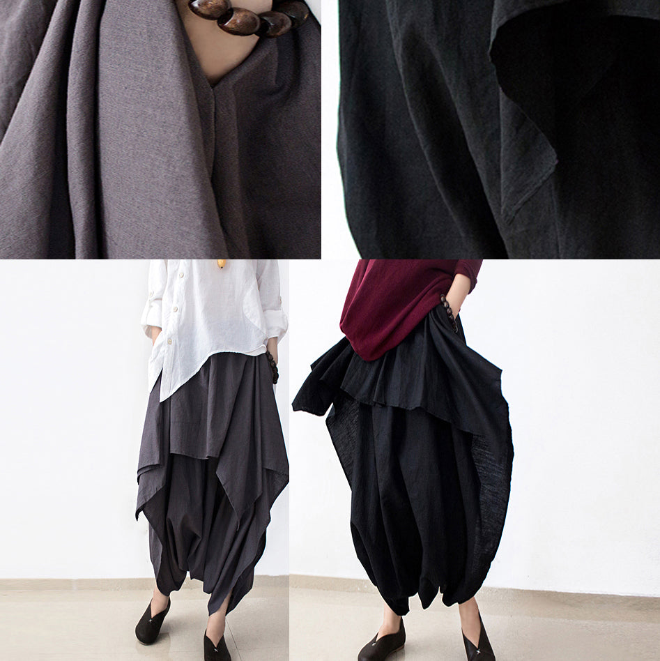 Gray Layered Linen Carrot Pants Plus Sized Linen Pants Asymmetrical Design