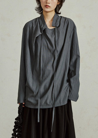 Grayish Blue Lace Up Solid Cotton Shirts Stand Collar