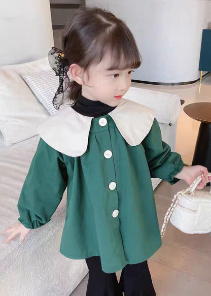 Green Button Cotton Coats Peter Pan Collar Long Sleeve