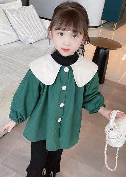 Green Button Cotton Coats Peter Pan Collar Long Sleeve