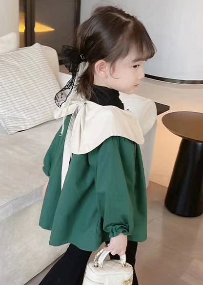 Green Button Cotton Coats Peter Pan Collar Long Sleeve