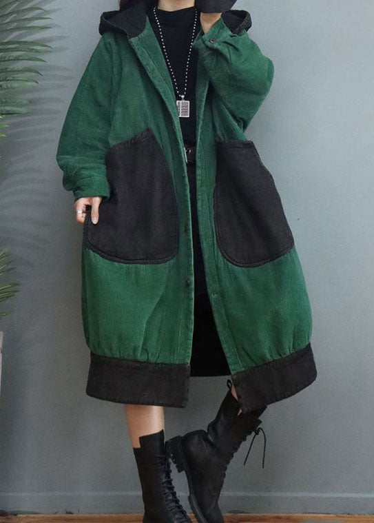 Green Button Pockets Corduroy Thick Winter Coats