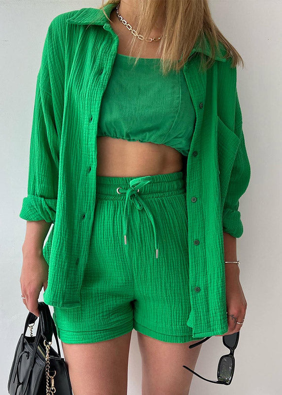 Green Button Shirts Vests and Shorts Three Pieces Set Summer