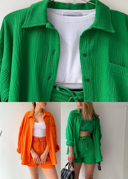 Green Button Shirts Vests and Shorts Three Pieces Set Summer
