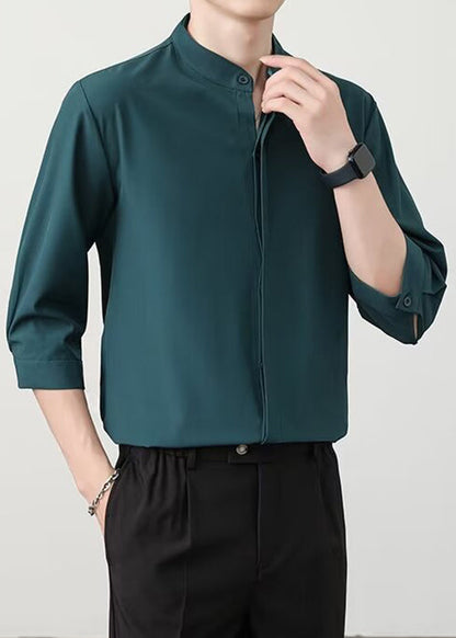 Green Button Half Sleeve Shirt Stand Collar