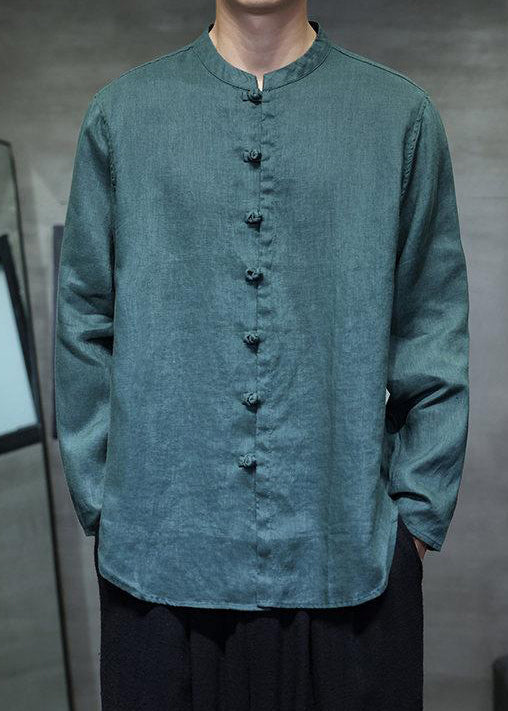 Green Button Solid Linen Shirt Men Stand Collar Long Sleeve