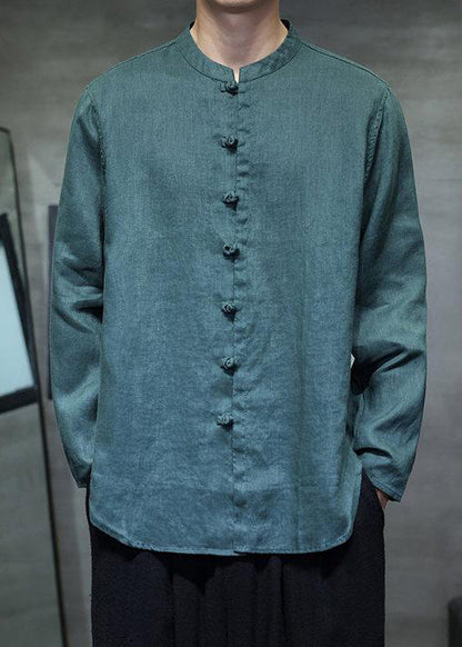Green Button Solid Linen Shirt Men Stand Collar Long Sleeve