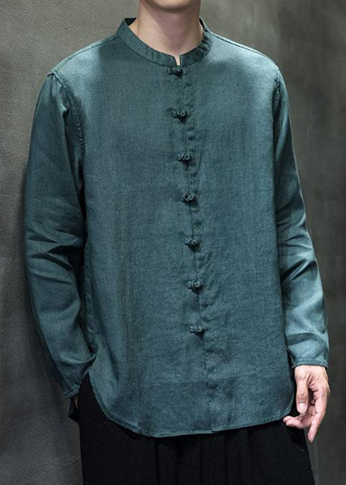 Green Button Linen Shirt Stand Collar Long Sleeve