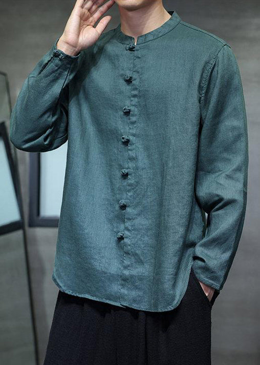 Green Button Linen Shirt Stand Collar Long Sleeve