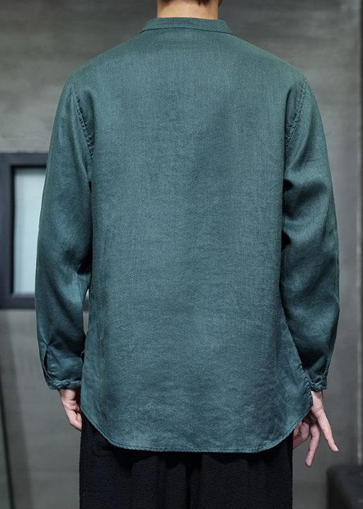 Green Button Linen Shirt Stand Collar Long Sleeve