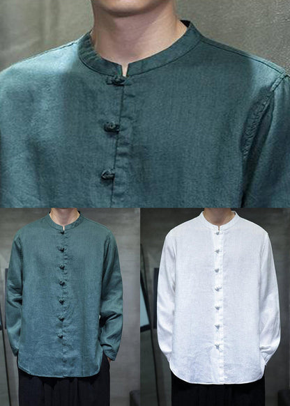 Green Button Solid Linen Shirt Men Stand Collar Long Sleeve