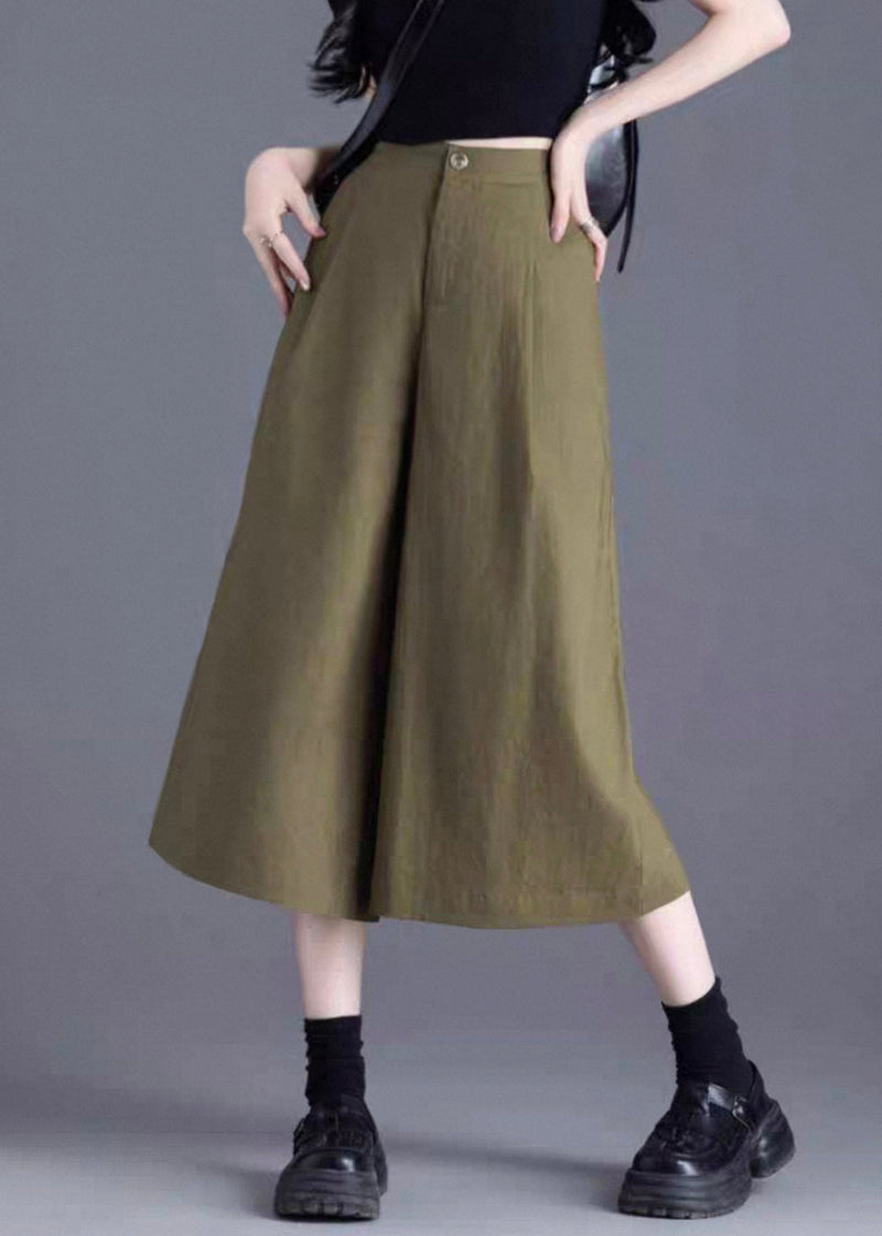 Green Button Linen Wide Leg Pants High Waist