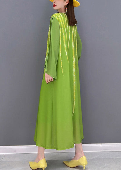 Green Chiffon Vacation Dress Appliques Lace Up Long Sleeve