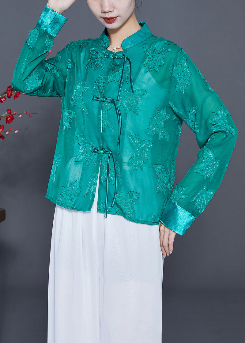 Green Chinese Style Tulle Upf 50+ Top Embroideried Tassel Summer