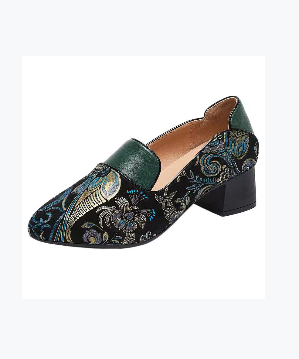 Green Chunky Heel Embossed Splicing