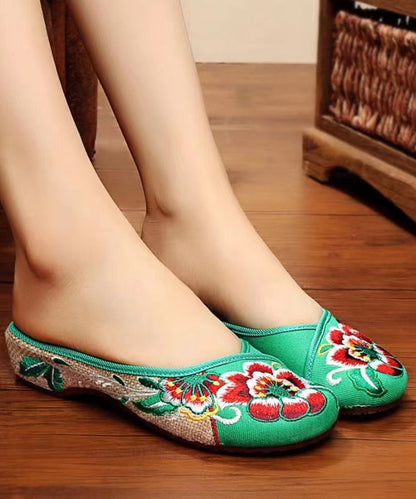 Green Cotton Fabric Retro Embroidery Splicing Slide Sandals Soolinen Shoes-20251