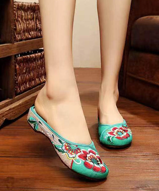 Green Cotton Fabric Retro Embroidery Splicing Slide Sandals Soolinen Shoes-20251