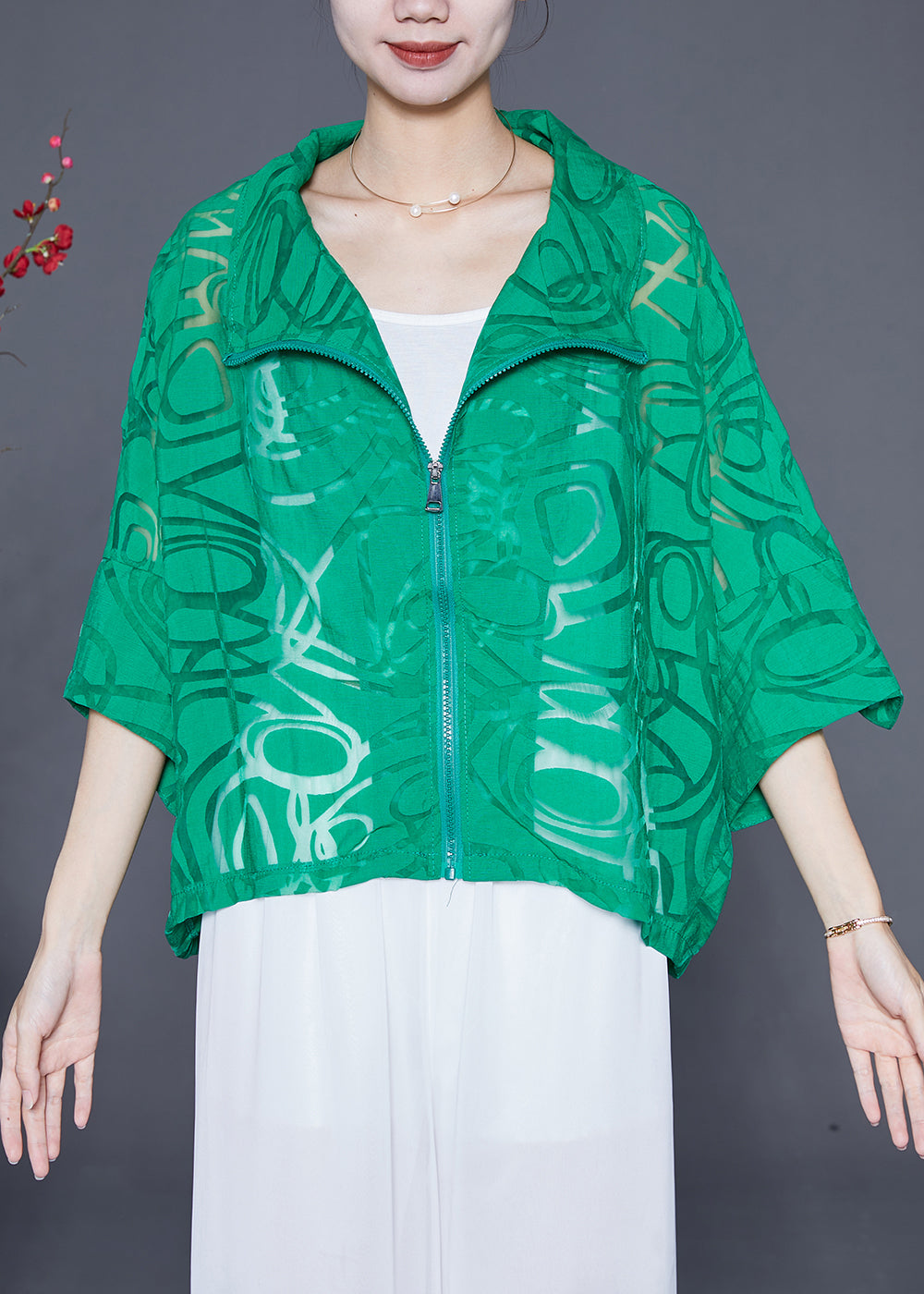 Green Cotton Upf 50+ Coat Jacket Zip Up Oversized Batwing Sleeve