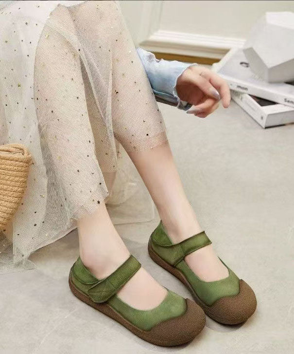 Green Cowhide Leather Flat Shoes for Splicing Buckle Strap