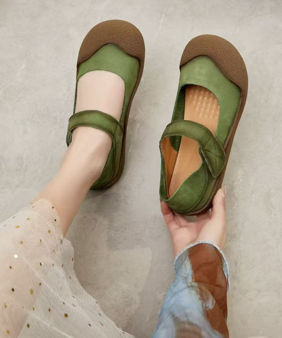 Green Cowhide Leather Flat Shoes for Splicing Buckle Strap