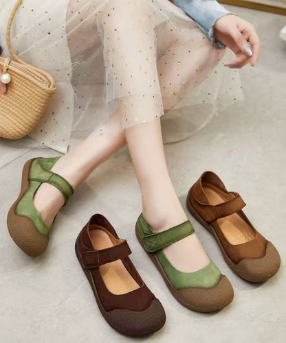 Green Cowhide Leather Flat Shoes for Splicing Buckle Strap