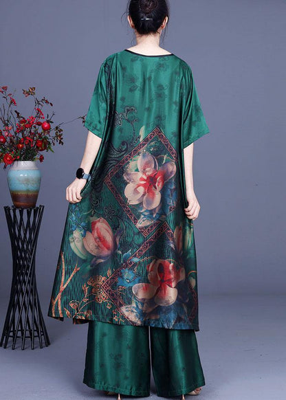 Green Print Patchwork Summer Silk Long Shirts + Wide Leg Two Pieces Set