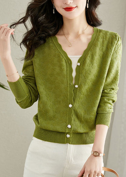 Green Embroideried Button Knit Cardigans Fall