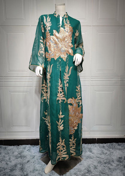 Green Embroideried Sequins Tulle Long Dress Fall