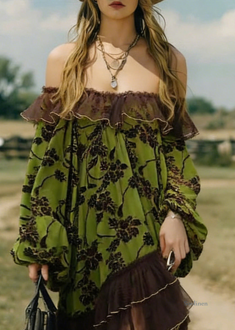 Green Flocking Print Tulle Patchwork Mid Dress Lantern Sleeve