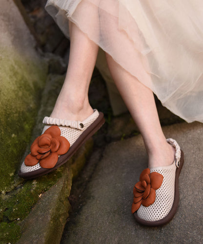 Green Cowhide Leather Comfy Flat Sandals Hollow Out