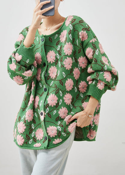 Green Jacquard Cozy Knit Cardigans Oversized Winter