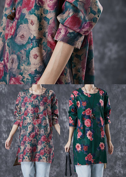 Green Print Linen Mini Dress Side Open Fall