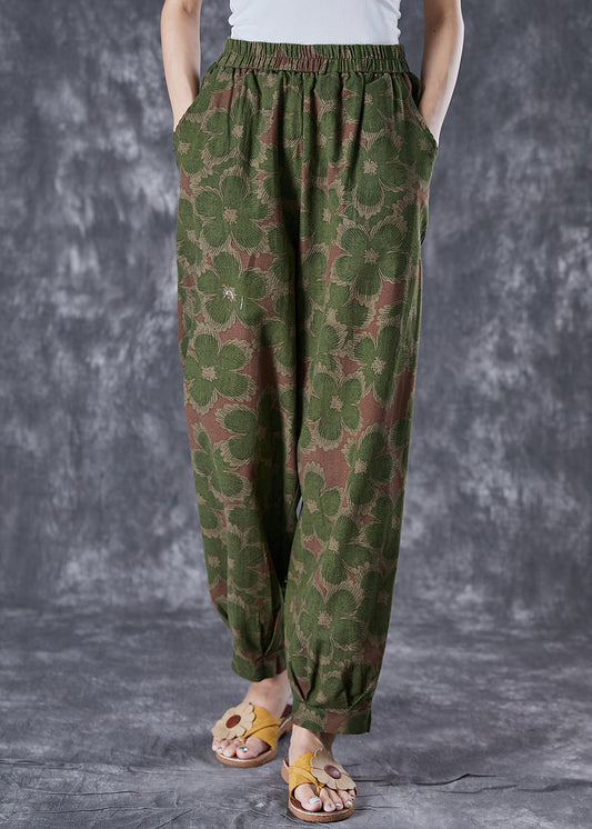 Green Print Linen Pants Oversized Elastic Waist Summer
