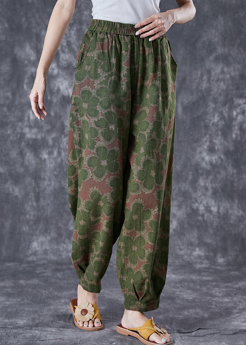 Green Print Linen Pants Oversized Elastic Waist Summer