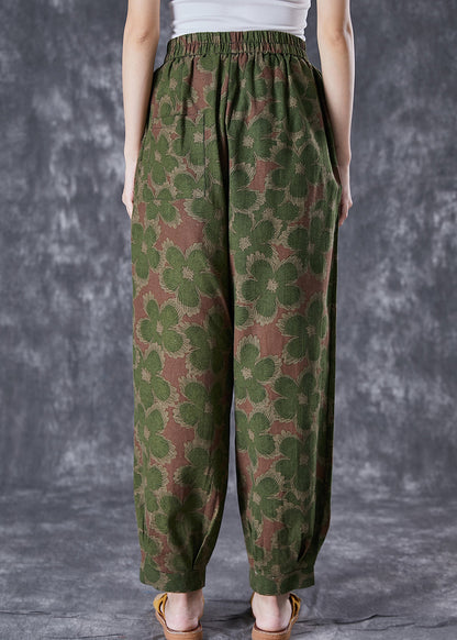 Green Print Linen Pants Oversized Elastic Waist Summer