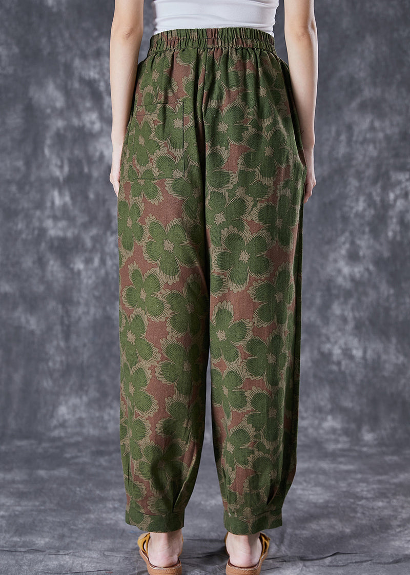 Green Print Linen Pants Oversized Elastic Waist Summer