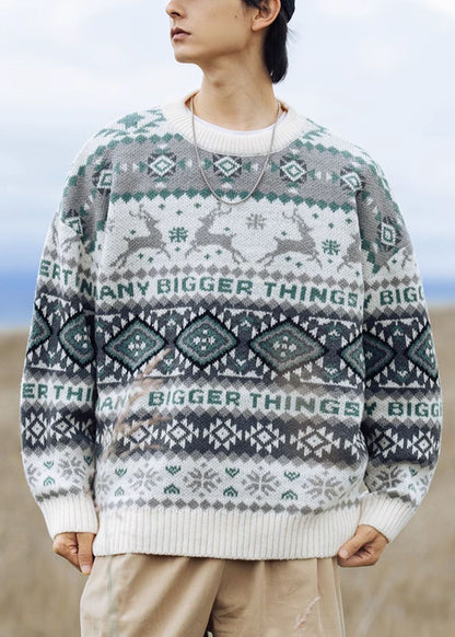 Green Geometric Oversized Knit Sweater Clothing O Neck