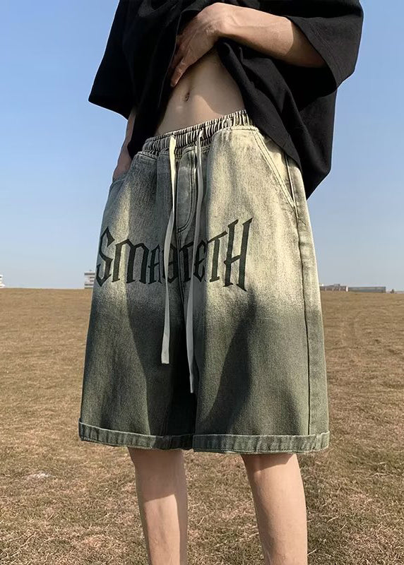 Green Gradient Color Letter Pockets Shorts Elastic Waist