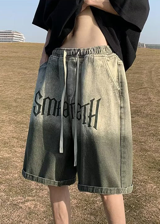 Green Gradient Color Letter Pockets Shorts Elastic Waist
